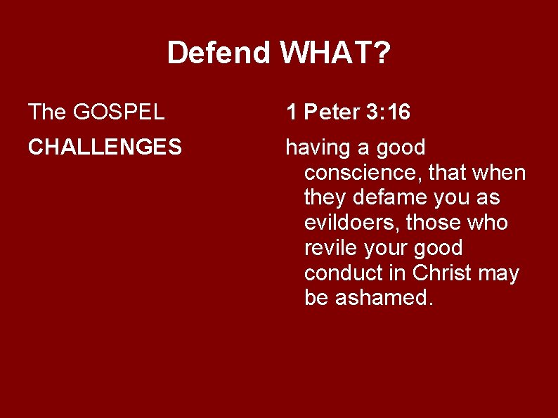 Defend WHAT? The GOSPEL 1 Peter 3: 16 CHALLENGES having a good conscience, that