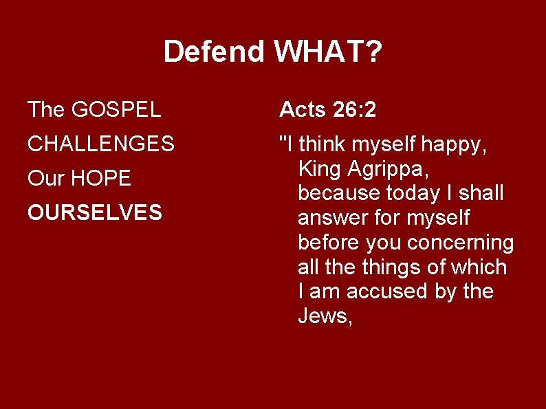 Defend WHAT? The GOSPEL Acts 26: 2 CHALLENGES "I think myself happy, King Agrippa,