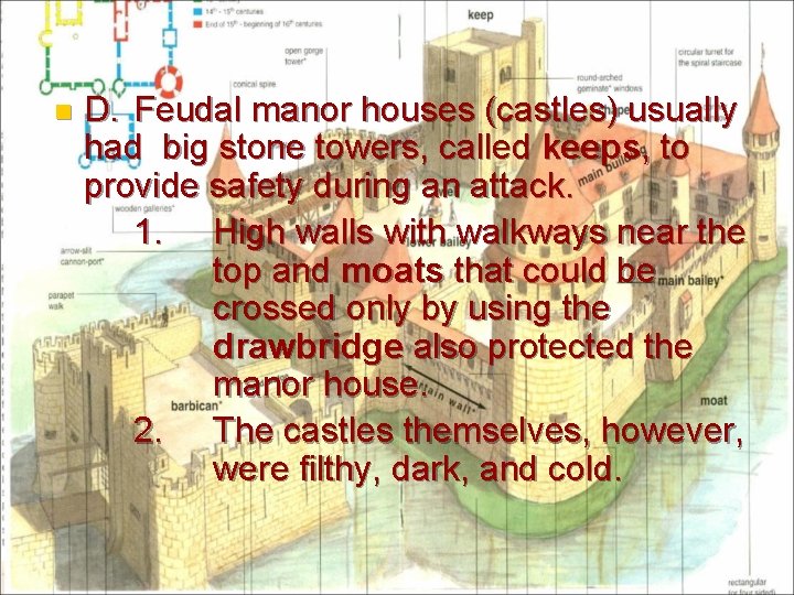 n D. Feudal manor houses (castles) usually had big stone towers, called keeps, to