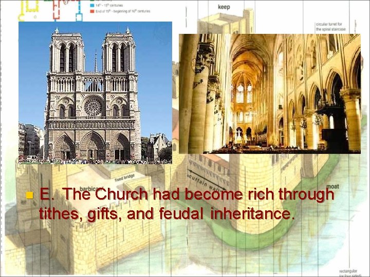 n E. The Church had become rich through tithes, gifts, and feudal inheritance. 