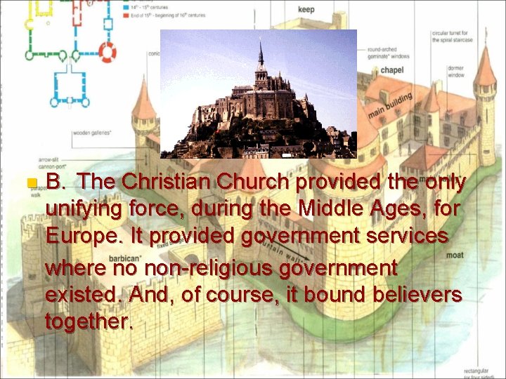 n B. The Christian Church provided the only unifying force, during the Middle Ages,