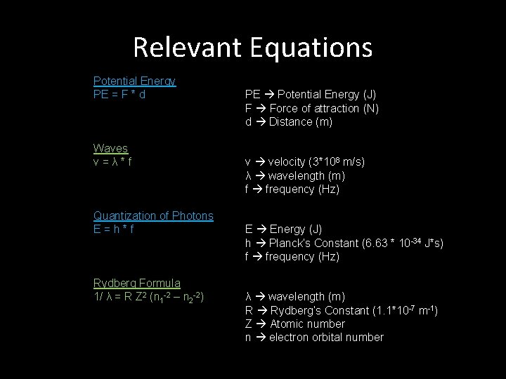 Relevant Equations Potential Energy PE = F * d Waves v=λ*f Quantization of Photons
