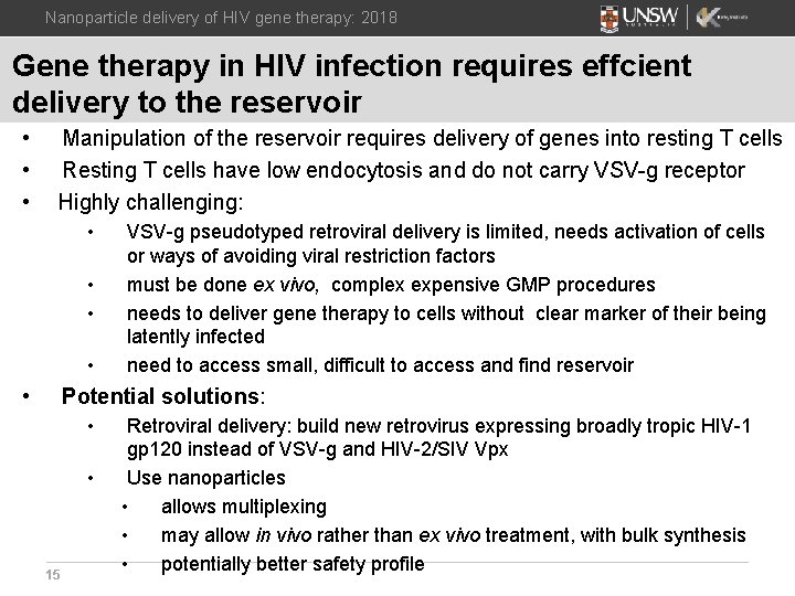Nanoparticle delivery of HIV gene therapy: 2018 Gene therapy in HIV infection requires effcient