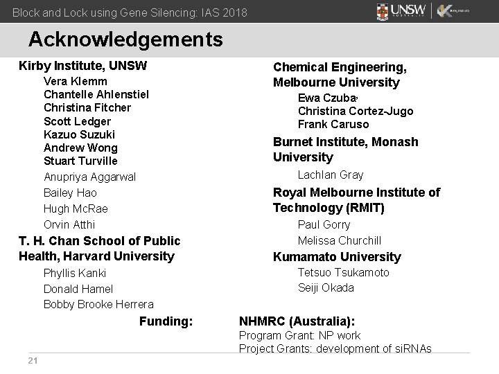 Block and Lock using Gene Silencing: IAS 2018 Acknowledgements Kirby Institute, UNSW Vera Klemm