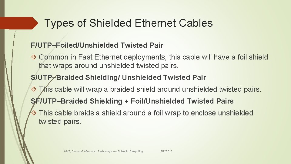 Types of Shielded Ethernet Cables F/UTP–Foiled/Unshielded Twisted Pair Common in Fast Ethernet deployments, this