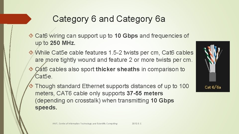 Category 6 and Category 6 a Cat 6 wiring can support up to 10