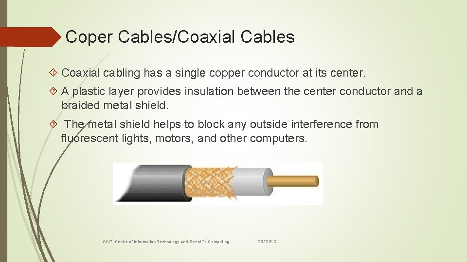 Coper Cables/Coaxial Cables Coaxial cabling has a single copper conductor at its center. A