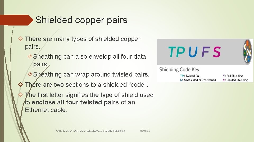 Shielded copper pairs There are many types of shielded copper pairs. Sheathing can also