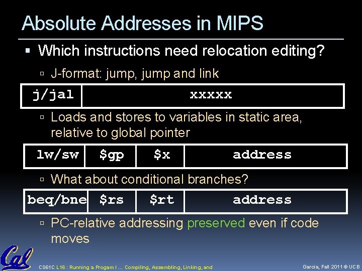 Absolute Addresses in MIPS Which instructions need relocation editing? J-format: jump, jump and link
