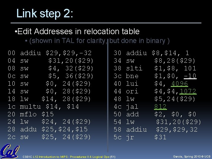 Link step 2: • Edit Addresses in relocation table • (shown in TAL for