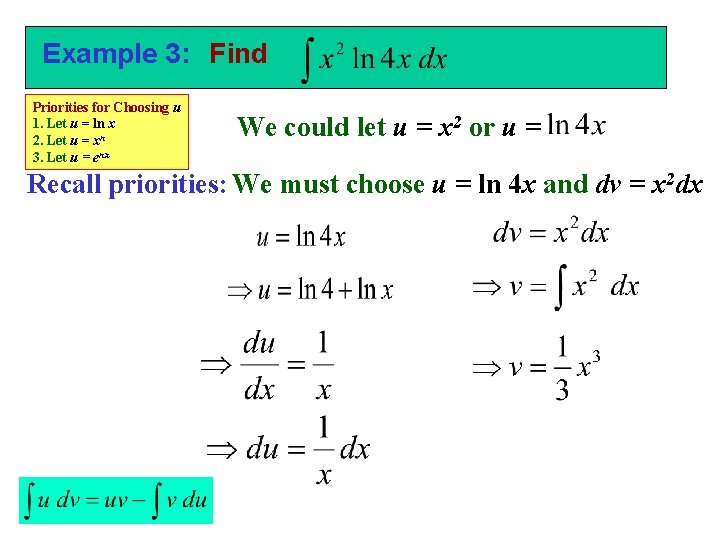 Example 3: Find Priorities for Choosing u 1. Let u = ln x 2.