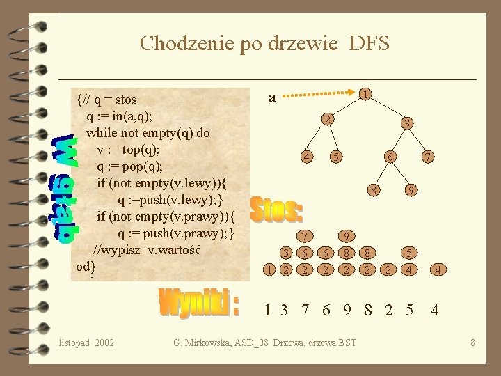 Chodzenie po drzewie DFS {// { q = stos q q : = in(a,