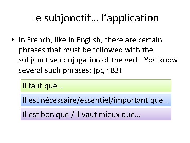 Le subjonctif… l’application • In French, like in English, there are certain phrases that