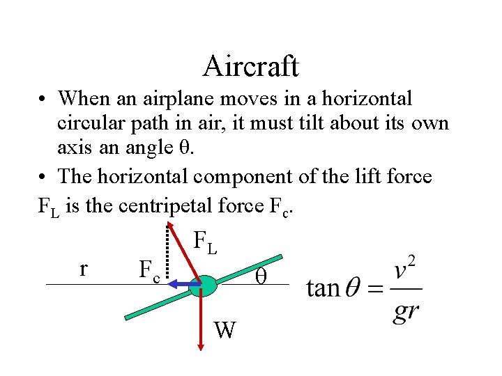 Aircraft • When an airplane moves in a horizontal circular path in air, it