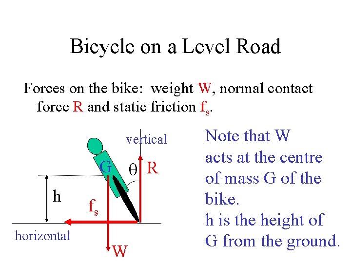 Bicycle on a Level Road Forces on the bike: weight W, normal contact force