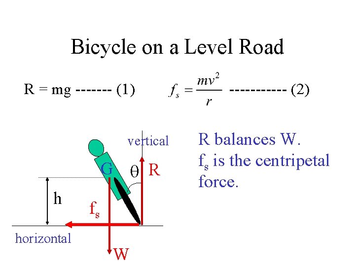 Bicycle on a Level Road R = mg ------- (1) vertical G R h