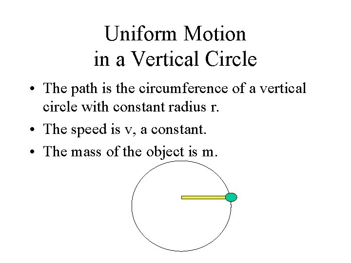 Uniform Motion in a Vertical Circle • The path is the circumference of a