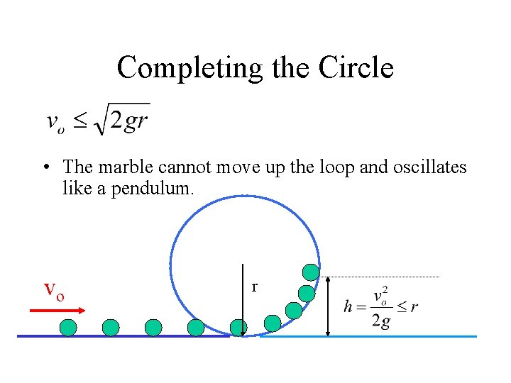 Completing the Circle • The marble cannot move up the loop and oscillates like