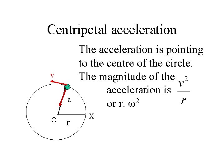 Centripetal acceleration v a O r The acceleration is pointing to the centre of