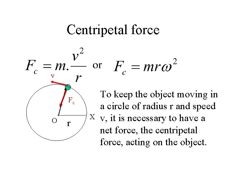Centripetal force or v Fc O r X To keep the object moving in