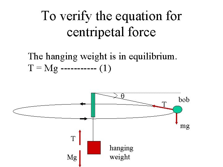 To verify the equation for centripetal force The hanging weight is in equilibrium. T