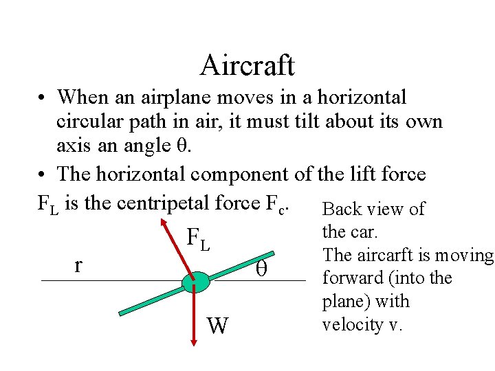 Aircraft • When an airplane moves in a horizontal circular path in air, it