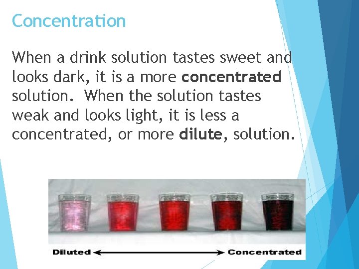 Concentration When a drink solution tastes sweet and looks dark, it is a more