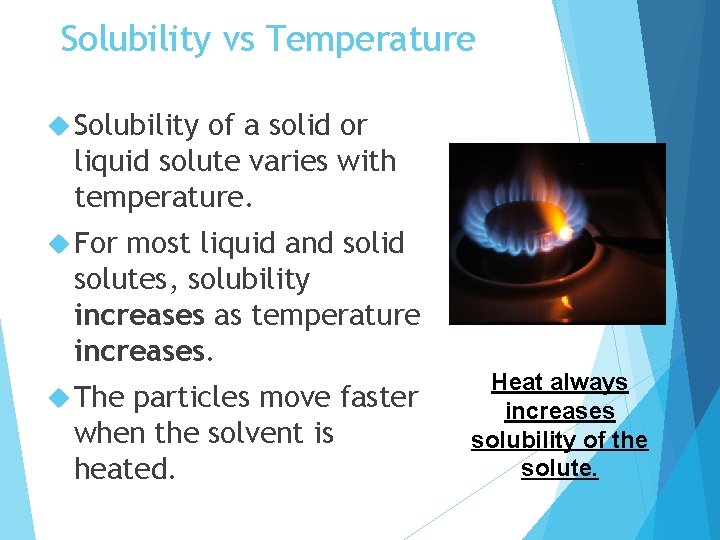 Solubility vs Temperature Solubility of a solid or liquid solute varies with temperature. For