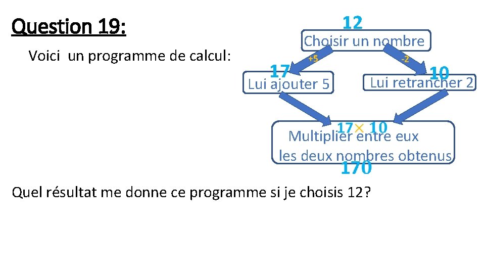12 Question 19: Voici un programme de calcul: Choisir un nombre 17 +5 Lui