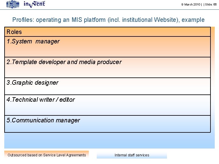 9 March 2010 | | Slide: 65 Profiles: operating an MIS platform (incl. institutional