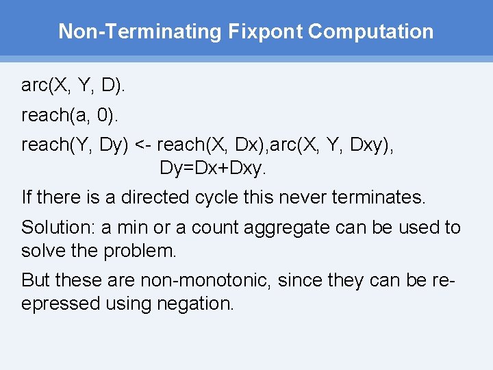 Non Terminating Fixpont Computation arc(X, Y, D). reach(a, 0). reach(Y, Dy) < reach(X, Dx),