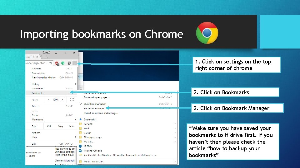 Importing bookmarks on Chrome 1. Click on settings on the top right corner of Importing bookmarks on Chrome 1. Click on settings on the top right corner of