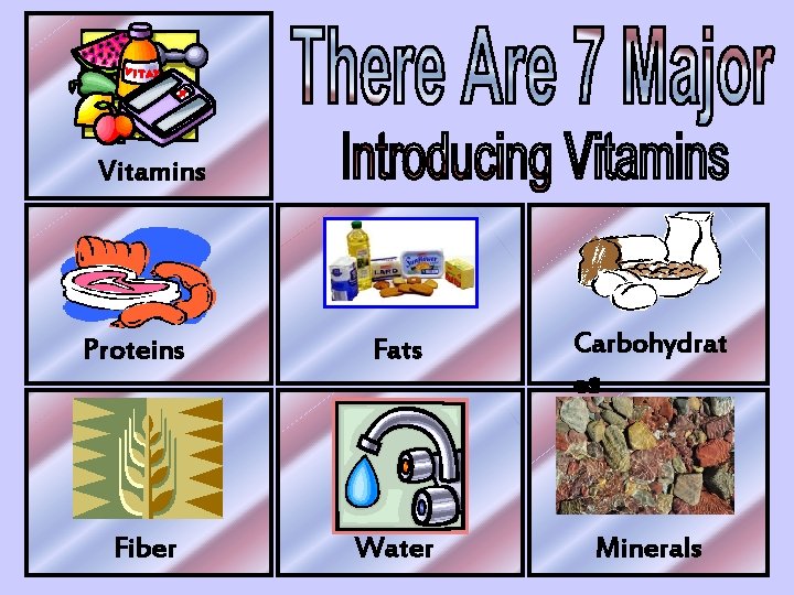 Vitamins Proteins Fiber Fats Carbohydrat es Water Minerals 