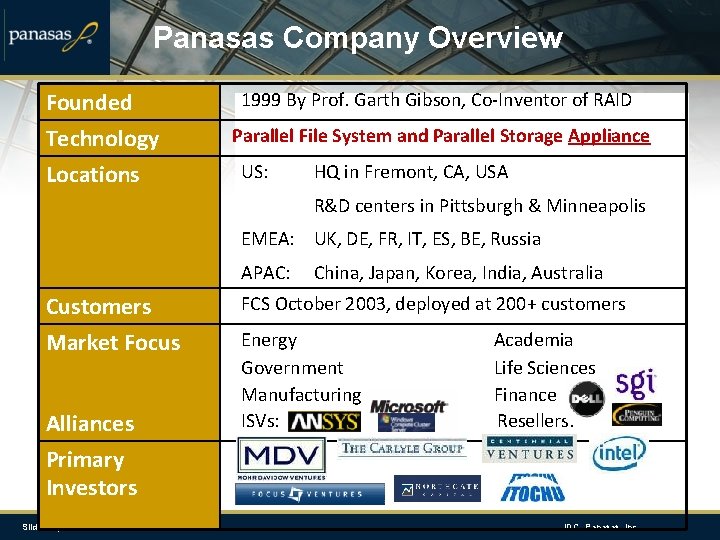 Panasas Company Overview Founded Technology Locations 1999 By Prof. Garth Gibson, Co-Inventor of RAID