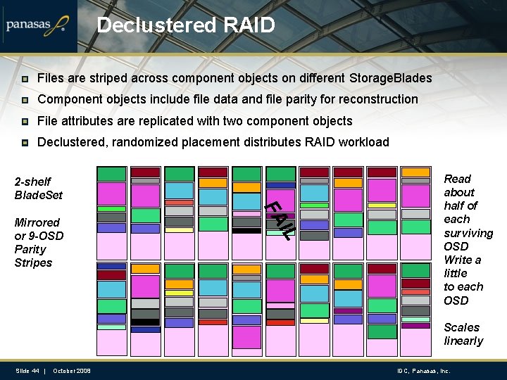 Declustered RAID Files are striped across component objects on different Storage. Blades Component objects