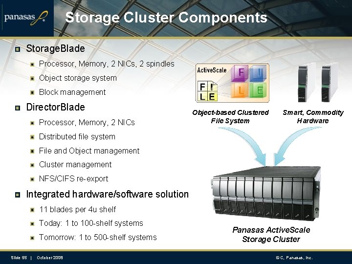Storage Cluster Components Storage. Blade Processor, Memory, 2 NICs, 2 spindles Object storage system