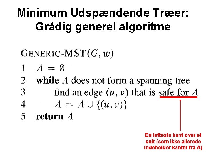 Minimum Udspændende Træer: Grådig generel algoritme En letteste kant over et snit (som ikke