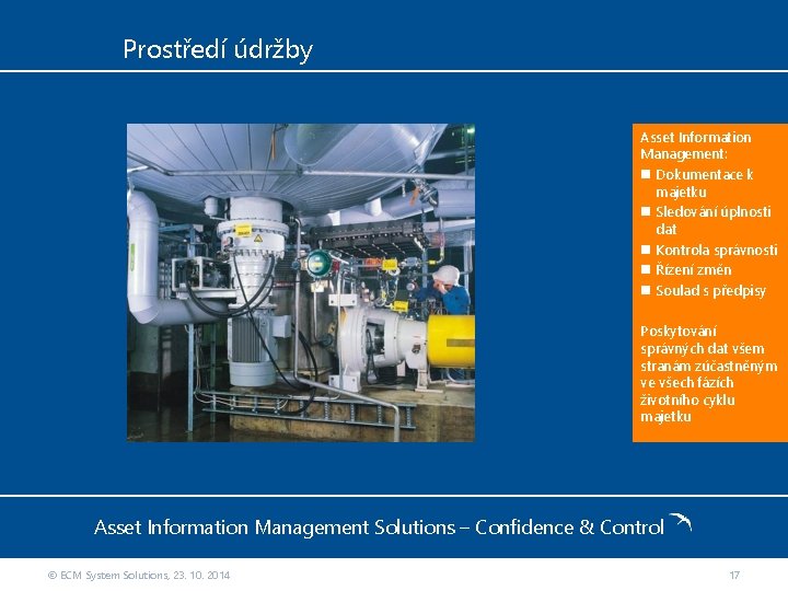 Prostředí údržby Asset Information Management: Dokumentace k majetku Sledování úplnosti dat Kontrola správnosti Řízení