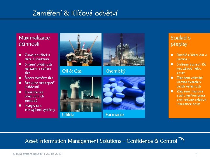 Zaměření & Klíčová odvětví Maximalizace účinnosti Soulad s přepisy Znovupoužitelná data a struktury Snížení