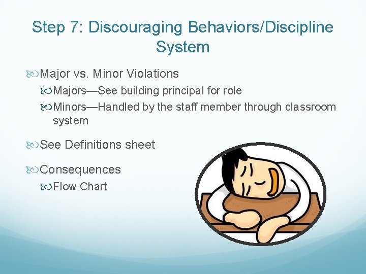 Step 7: Discouraging Behaviors/Discipline System Major vs. Minor Violations Majors—See building principal for role