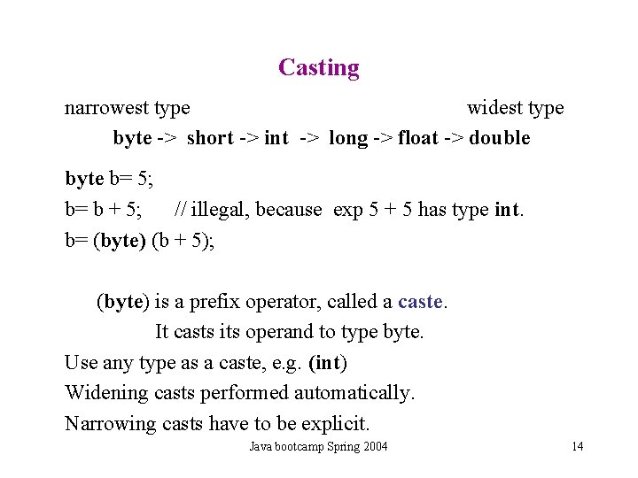Casting narrowest type widest type byte -> short -> int -> long -> float Casting narrowest type widest type byte -> short -> int -> long -> float