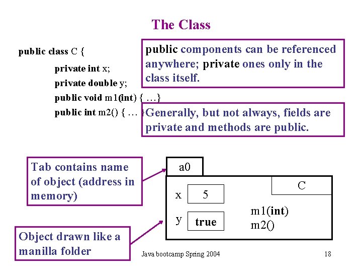 The Class public class C { public components can be referenced anywhere; private ones The Class public class C { public components can be referenced anywhere; private ones