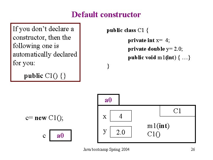 Default constructor If you don’t declare a constructor, then the following one is automatically Default constructor If you don’t declare a constructor, then the following one is automatically