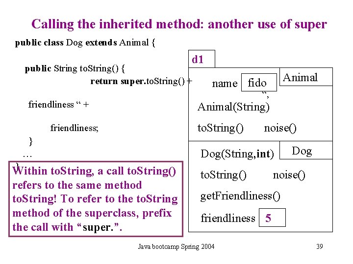 Calling the inherited method: another use of super public class Dog extends Animal { Calling the inherited method: another use of super public class Dog extends Animal {