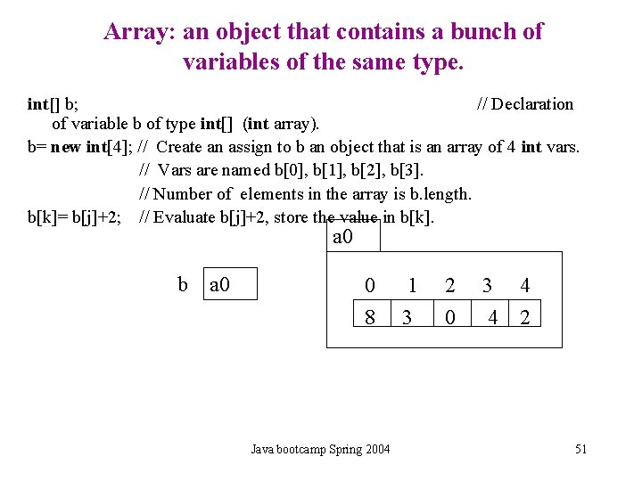 Array: an object that contains a bunch of variables of the same type. int[]