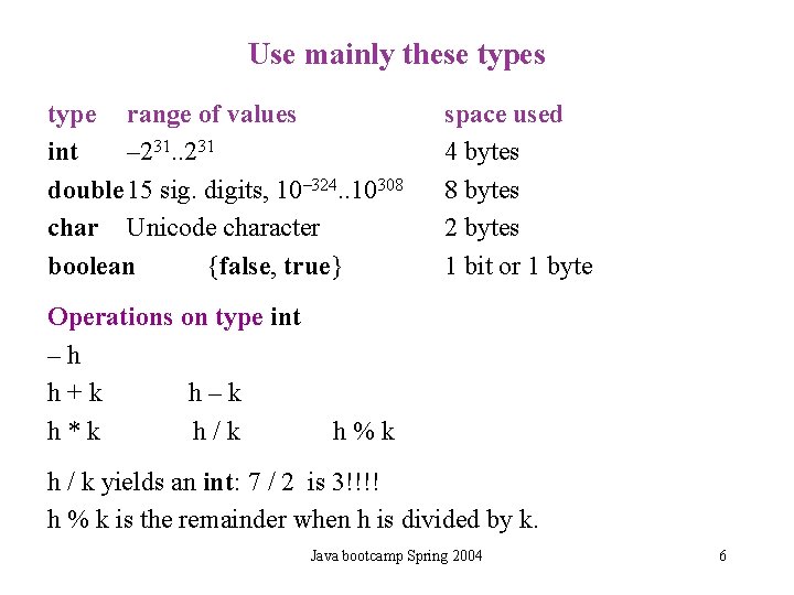 Use mainly these types type range of values int – 231. . 231 double Use mainly these types type range of values int – 231. . 231 double