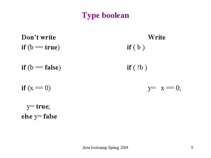 Type boolean Don’t write if (b == true) Write if ( b ) if Type boolean Don’t write if (b == true) Write if ( b ) if