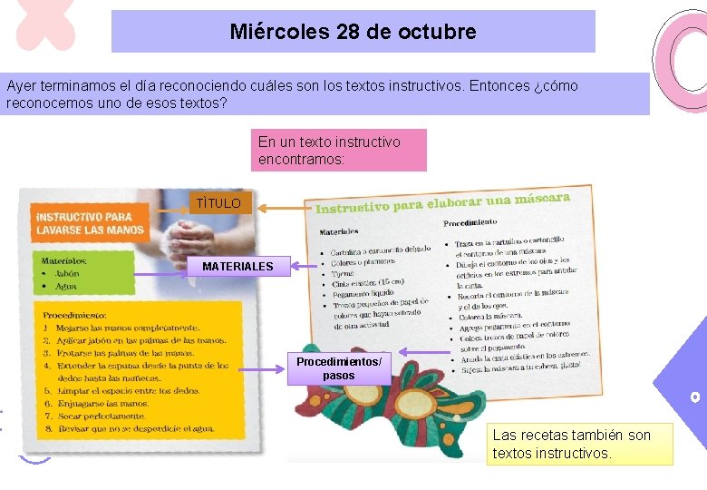 Miércoles 28 de octubre Ayer terminamos el día reconociendo cuáles son los textos instructivos.