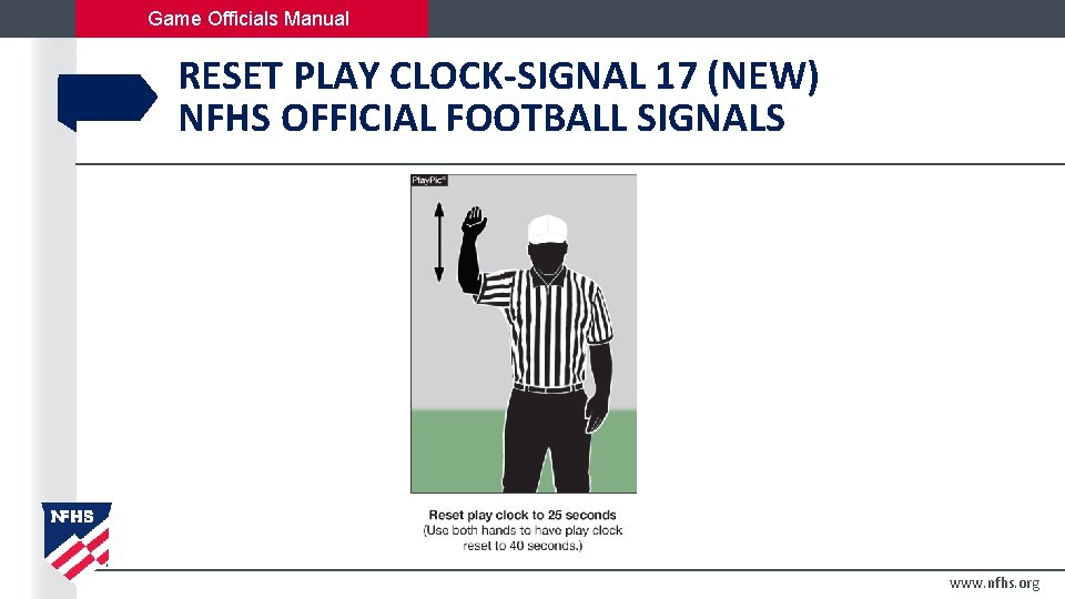 Game Officials Manual RESET PLAY CLOCK-SIGNAL 17 (NEW) NFHS OFFICIAL FOOTBALL SIGNALS www. nfhs.