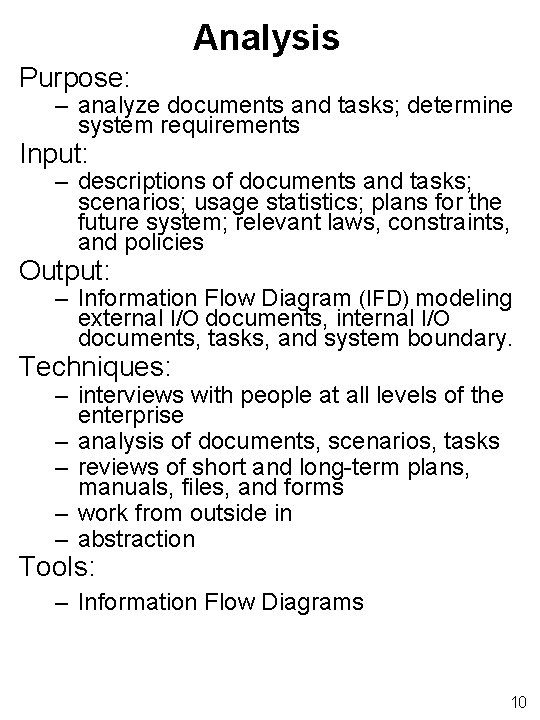 Analysis Purpose: – analyze documents and tasks; determine system requirements Input: – descriptions of